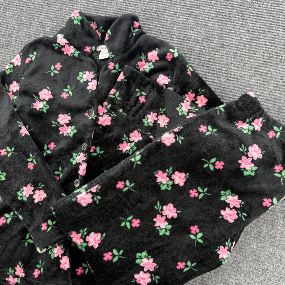 Em & Alfie Womens Large Black Pink Floral Fleece Pajama Set Button Top Pants